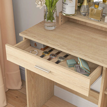 Vanity Table with Mirror, Drawer, Storage Shelves, 35.4 x 15 x 54.3 Inches, Natural Wood Dressing & Vanity Tables at Gallery Canada