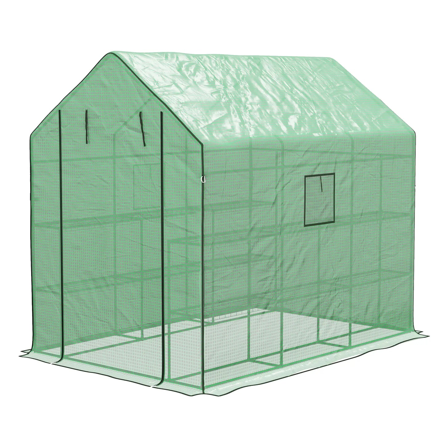Walk-in Greenhouse, 3 Tier, Roll-up Door, Mesh Windows, 140 x 213 x 190 cm, Green