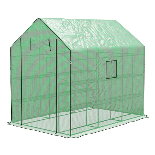 Walk-in Greenhouse, 3 Tier, Roll-up Door, Mesh Windows, 140 x 213 x 190 cm, Green