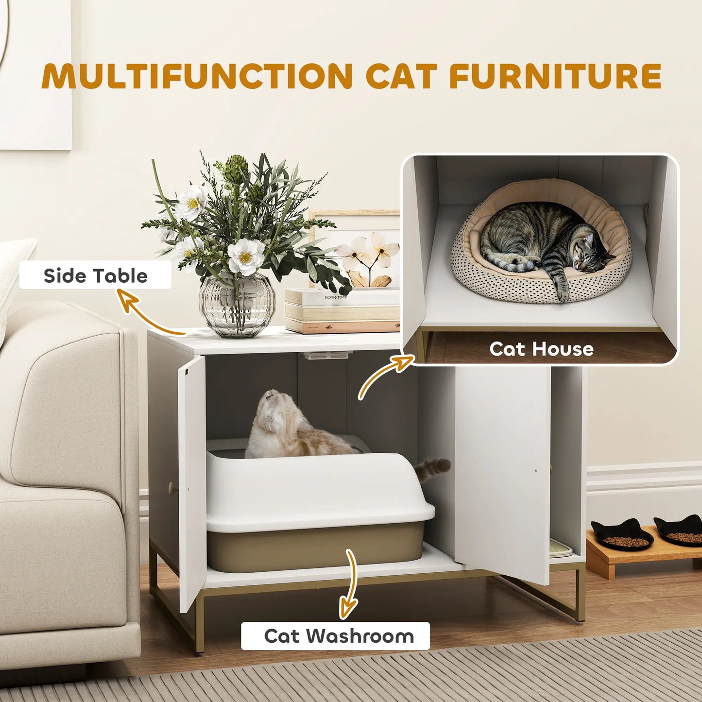 Cat Litter Box Enclosure, Tall Legs, Litter Mat, 31.5" x 20" x 22", White Cat Litter Box Enclosures at Gallery Canada