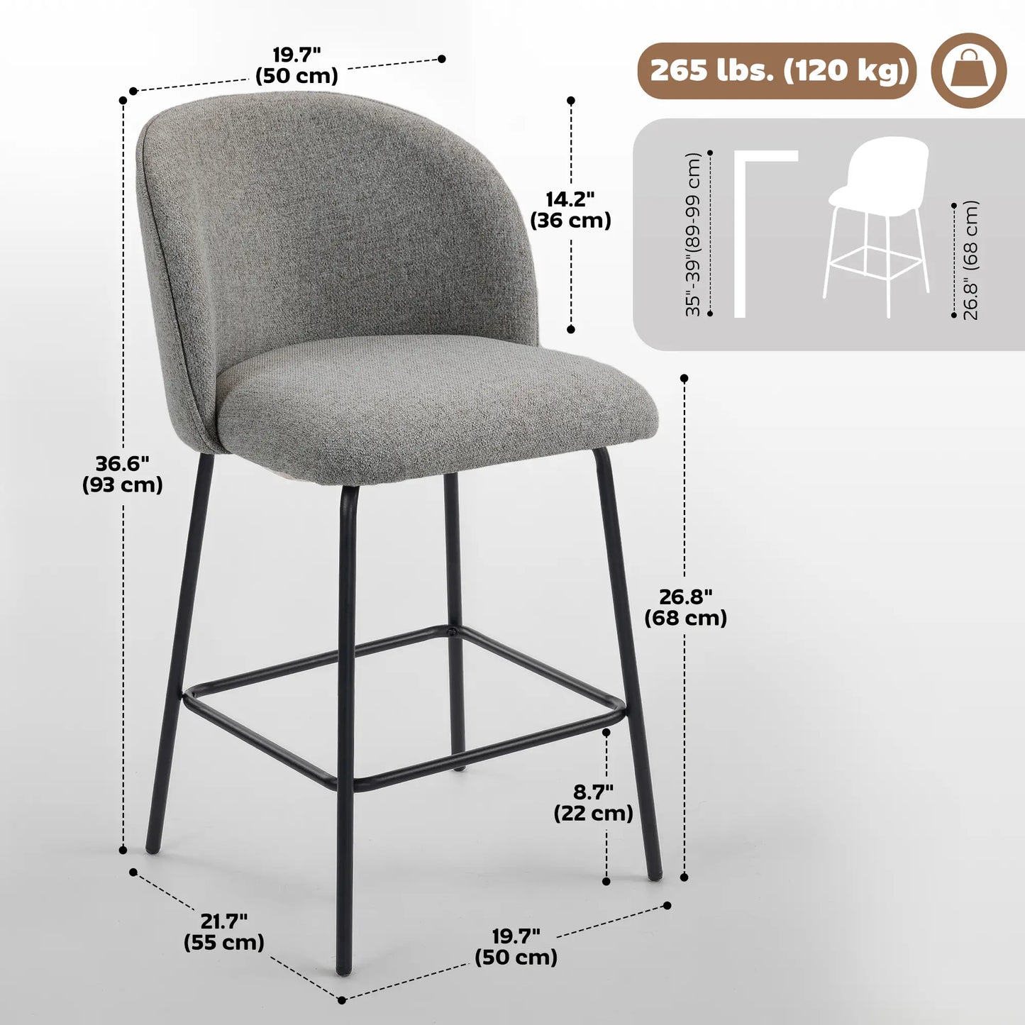 Set of 2 Counter Height Barstools, Upholstered Linen with Backrest, Dark Grey Bar Stools at Gallery Canada