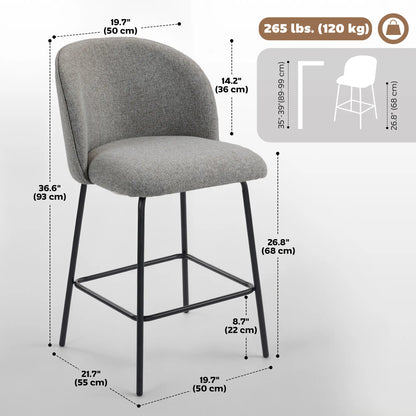 Set of 2 Counter Height Barstools, Upholstered Linen with Backrest, Dark Grey Bar Stools at Gallery Canada
