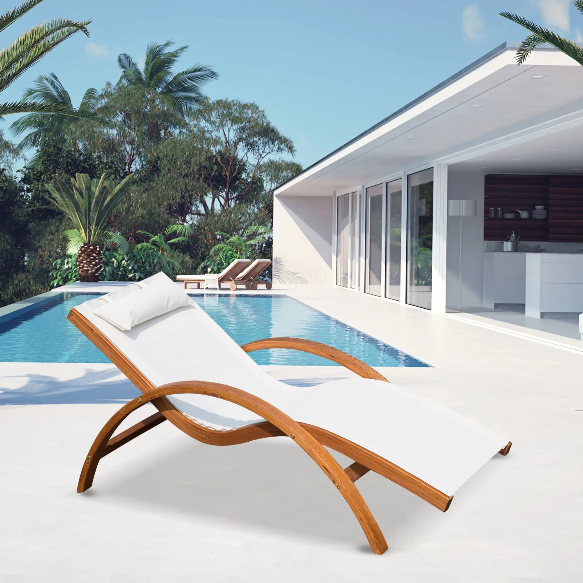 Outdoor Wood Sling Chaise Lounge, Garden Mesh Lounger, Cream Lounger Chairs at Gallery Canada