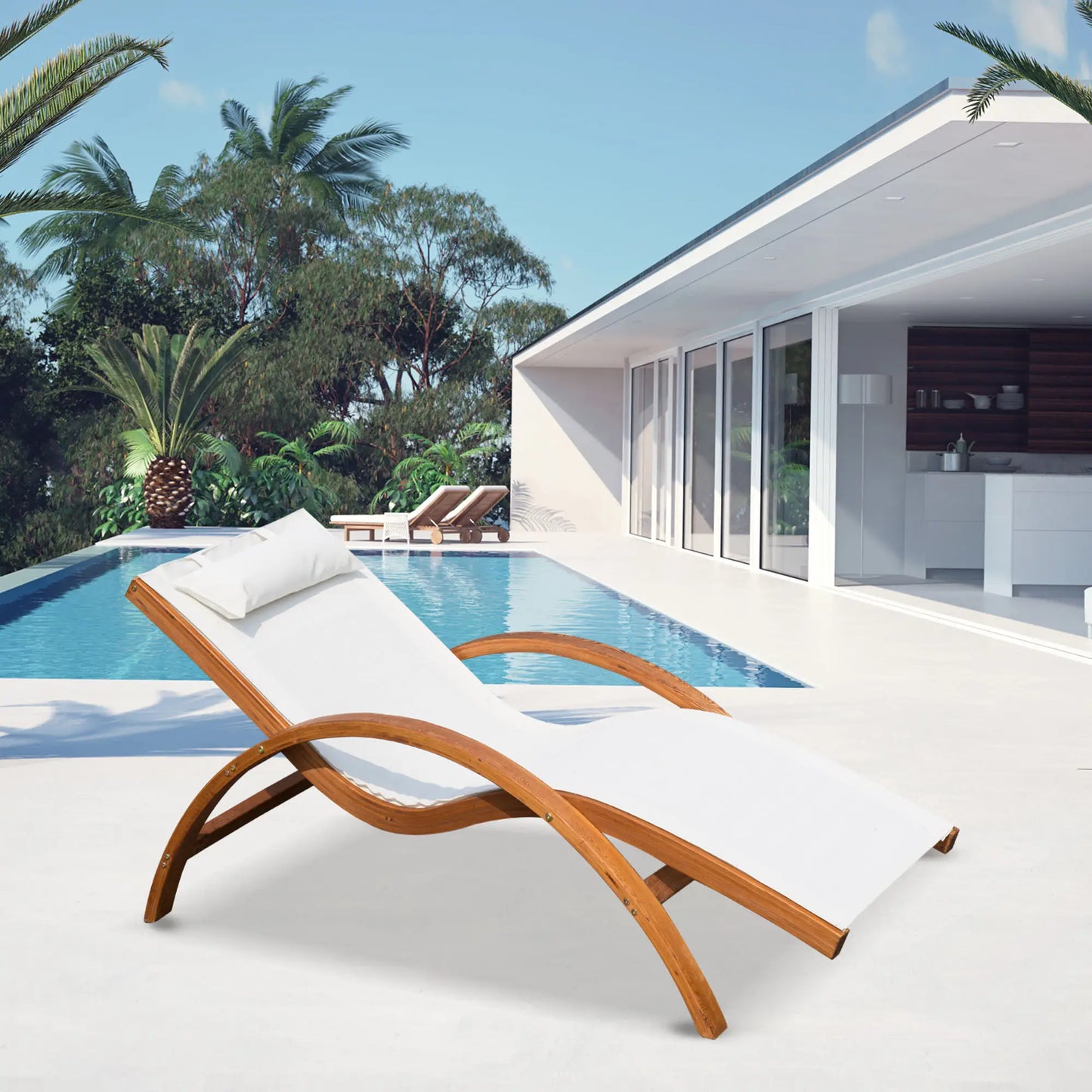 Outdoor Wood Sling Chaise Lounge, Garden Mesh Lounger, Cream Lounger Chairs at Gallery Canada