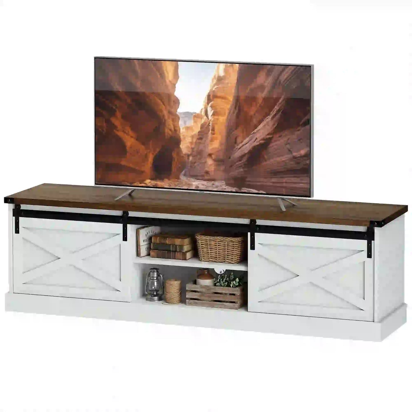 TV Stand For 65 Inch TVs, Entertainment Center With Shelves, White TV Stands Dark Walnut, White Wood Grain at Gallery Canada