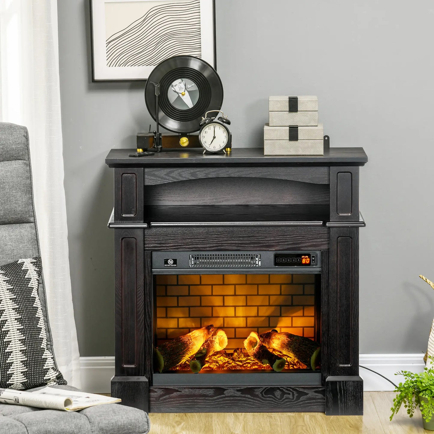 Electric Fireplace With Mantel, Freestanding Heater, 700W/1400W, Brown Electric Fireplaces at Gallery Canada