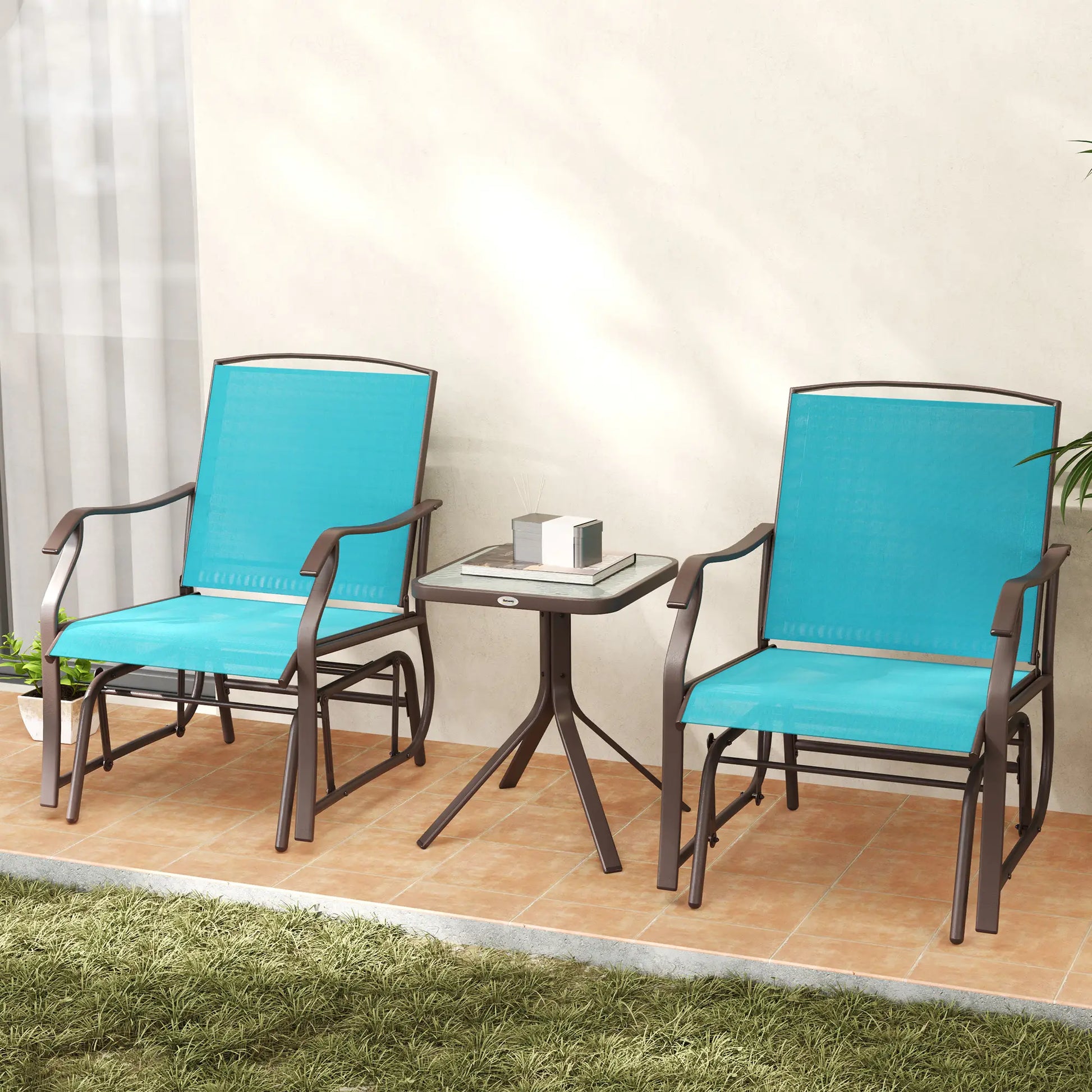 3 Piece Patio Glider Set, Breathable Mesh Seat, Glass Top Table, Blue Outdoor Gliders at Gallery Canada