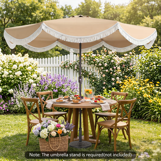 9/10 FT Outdoor Tassel Umbrella with Push Button Tilt, White Outdoor Umbrellas White at Gallery Canada