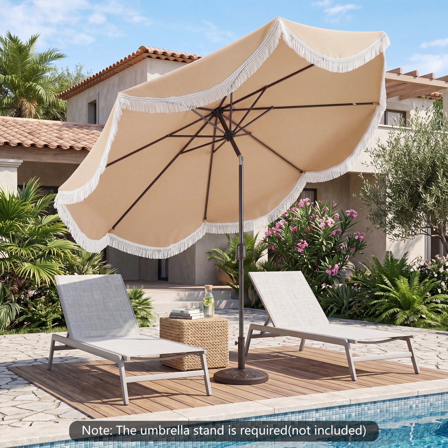 9/10 FT Outdoor Tassel Umbrella with Push Button Tilt, White Outdoor Umbrellas at Gallery Canada