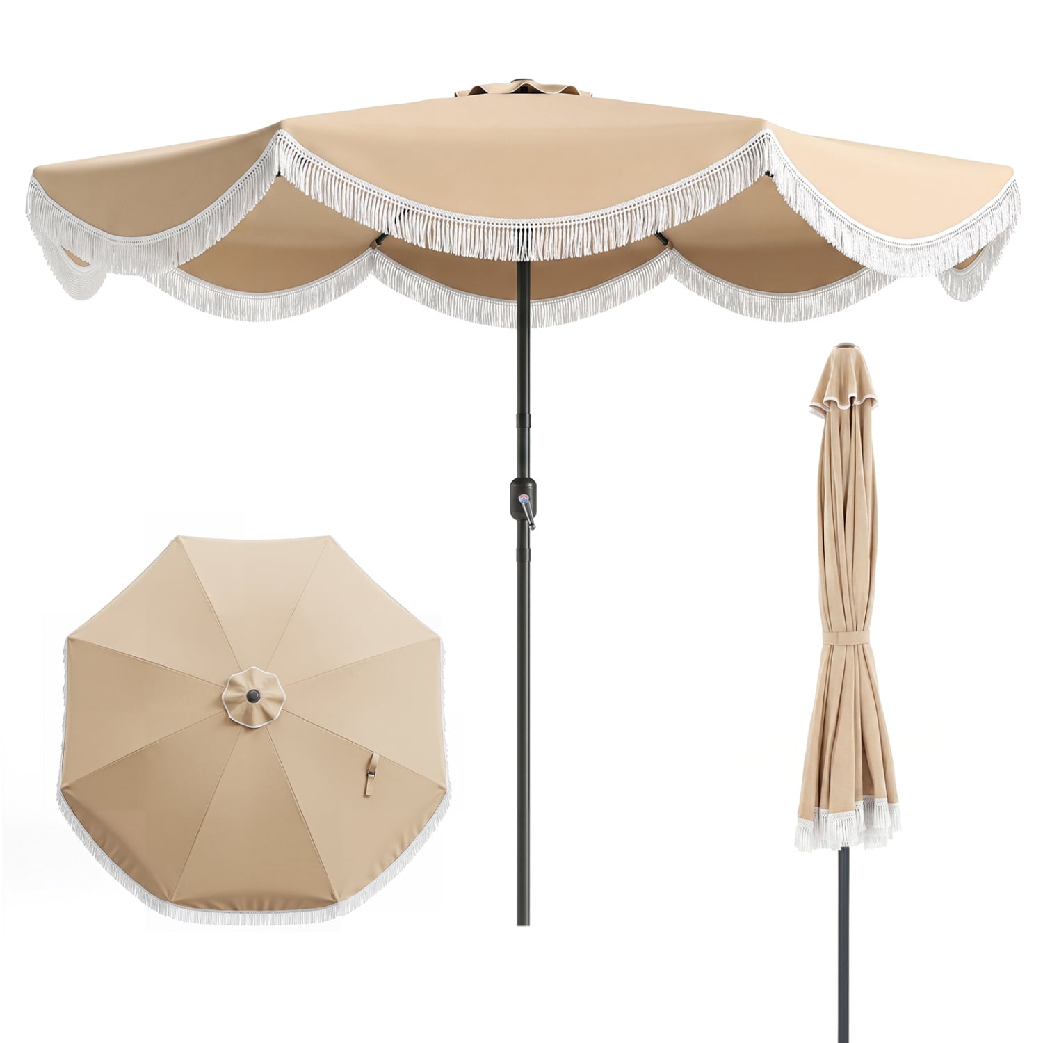 9/10 FT Outdoor Tassel Umbrella with Push Button Tilt, White Outdoor Umbrellas at Gallery Canada
