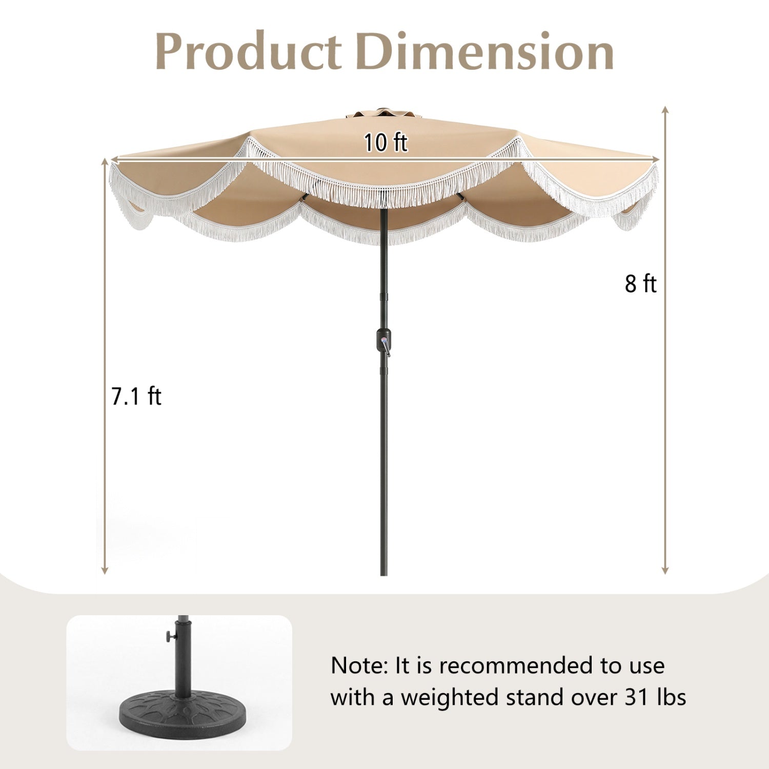9/10 FT Outdoor Tassel Umbrella with Push Button Tilt, White Outdoor Umbrellas at Gallery Canada