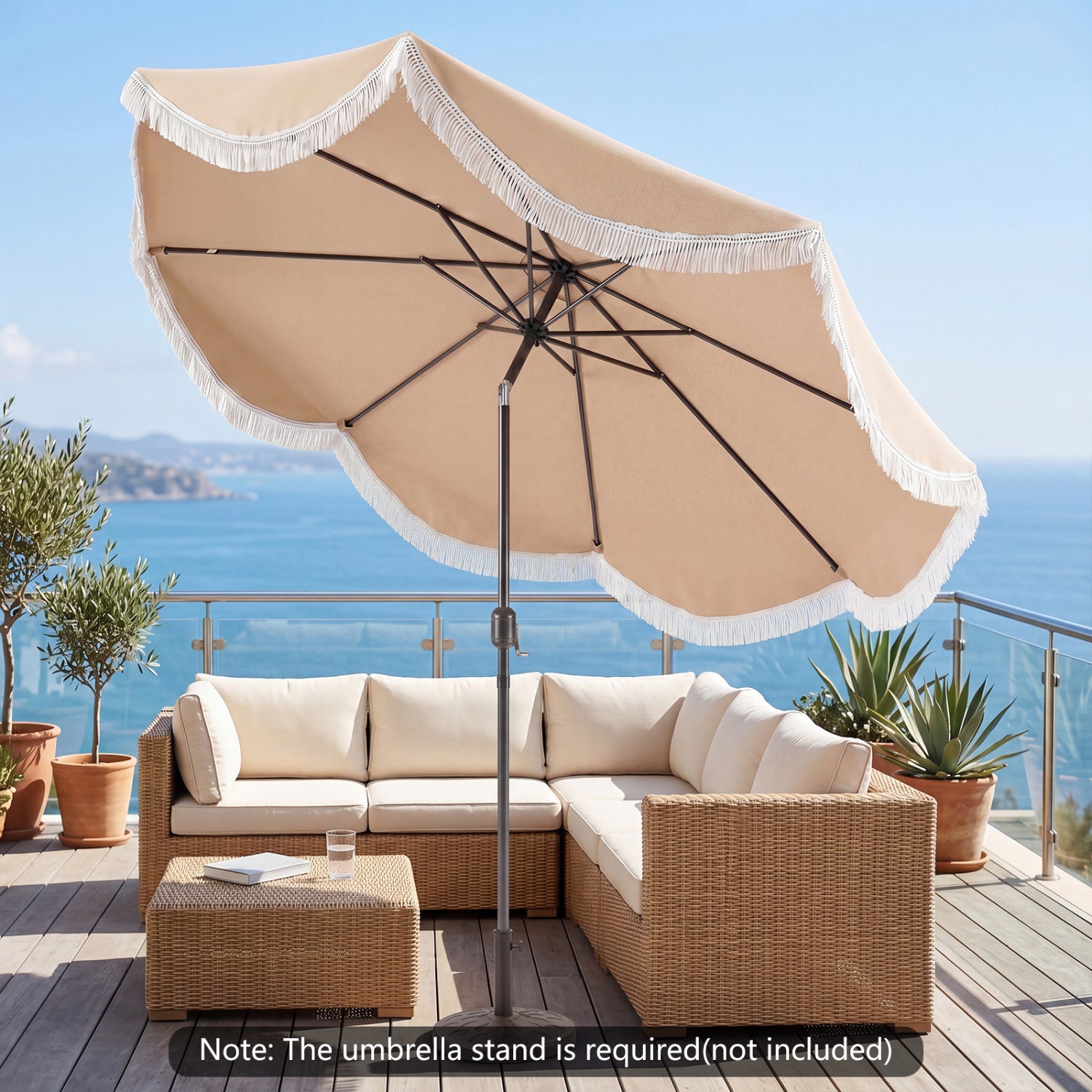 9/10 FT Outdoor Tassel Umbrella with Push Button Tilt, White Outdoor Umbrellas at Gallery Canada