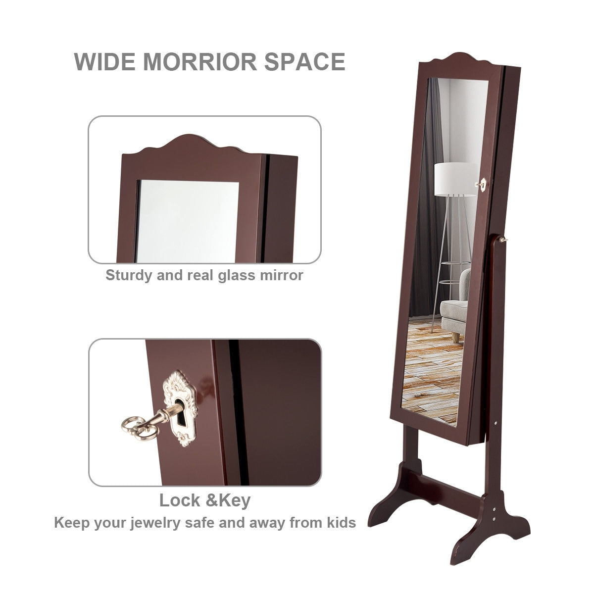 Mirrored Jewelry Cabinet Storage With Drawer And Led Lights , Coffee Jewelry Armoires at Gallery Canada