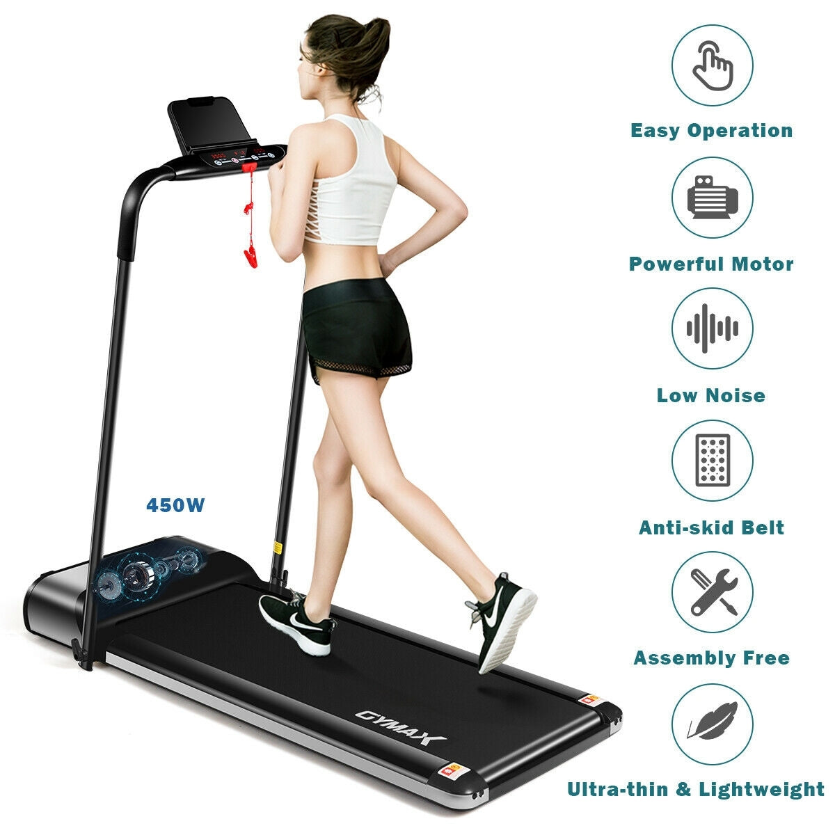 Ultra-thin Electric Folding Motorized Treadmill with LCD Monitor Low Noise, Black Treadmills at Gallery Canada