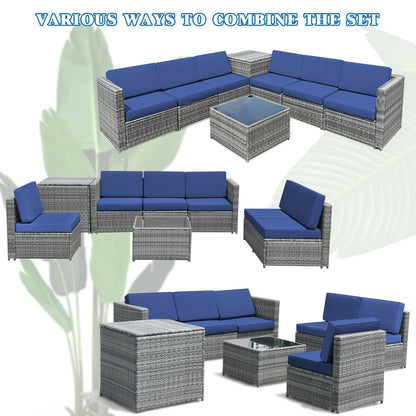 8 Piece Wicker Rattan Sofa Dining Set, With Storage Table, Navy Outdoor Sectionals at Gallery Canada