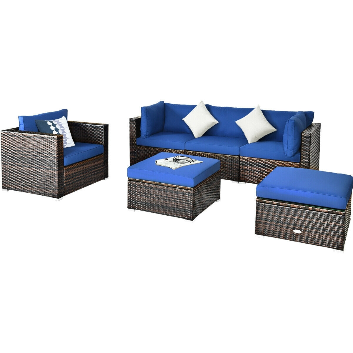 6 Pieces Patio Rattan Furniture Set with Sectional Cushion, Blue Outdoor Sectionals at Gallery Canada