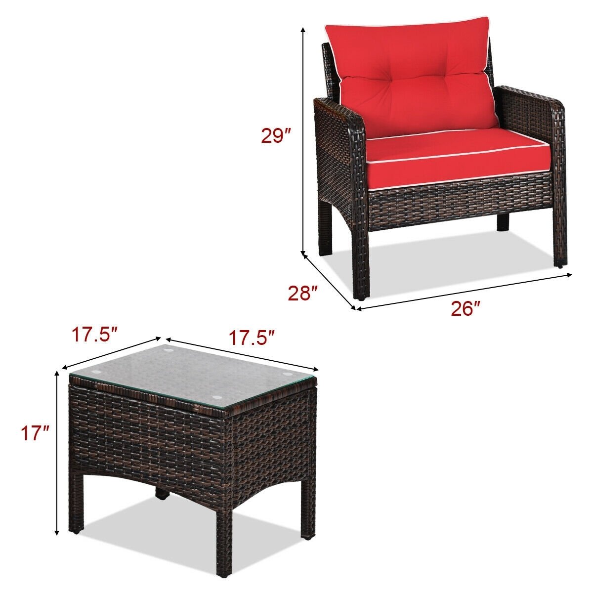 3 Pcs Outdoor Patio Rattan Conversation Set with Seat Cushions, Red Patio Conversation Sets at Gallery Canada