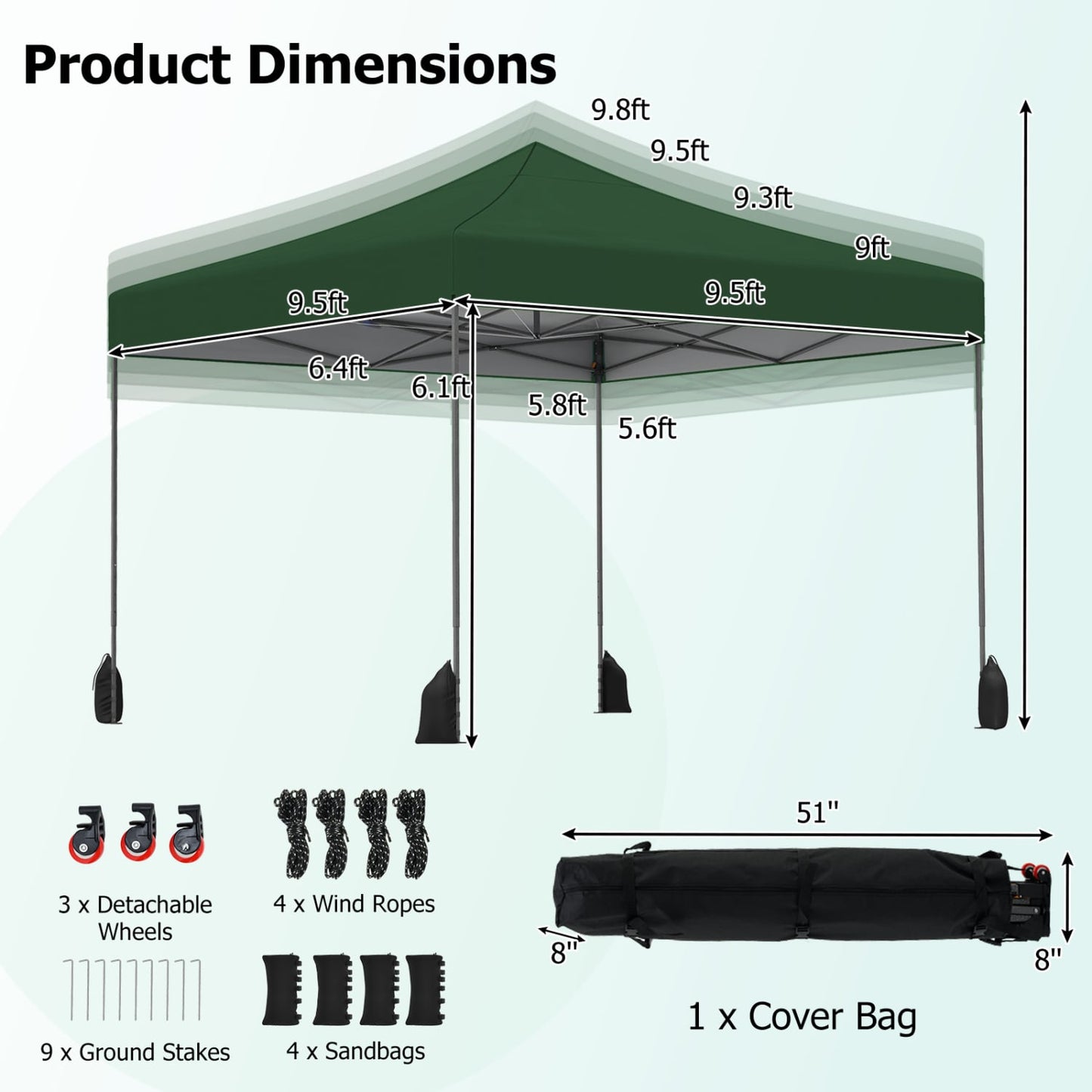 9.5 x 9.5 Feet Pop Up Canopy Tent, Adjustable Height, Green Canopies at Gallery Canada