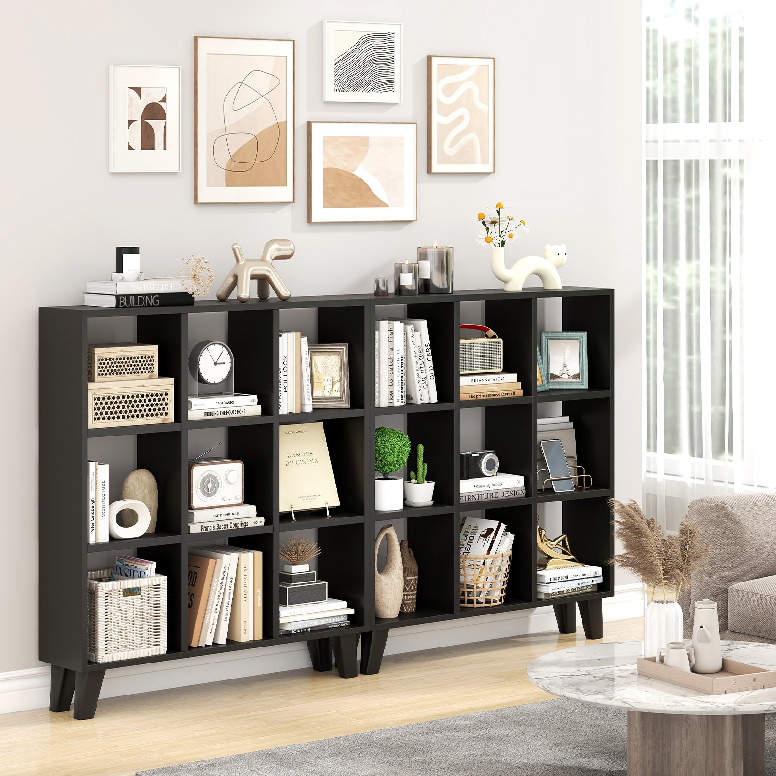 9-Cube Bookcase with 6 Removable Shelves and Raised Support Feet, Black Bookcases at Gallery Canada