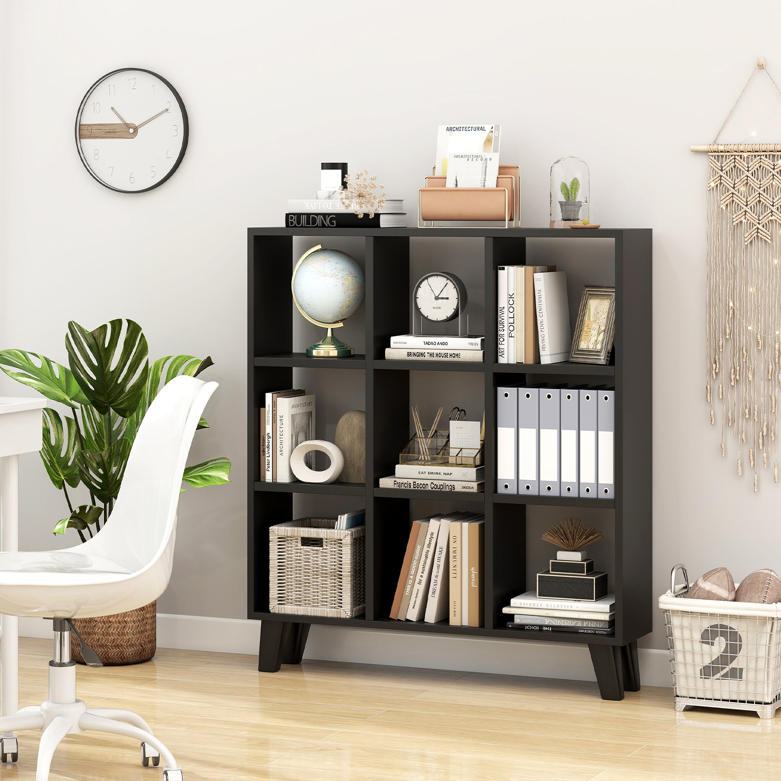 9-Cube Bookcase with 6 Removable Shelves and Raised Support Feet, Black Bookcases at Gallery Canada