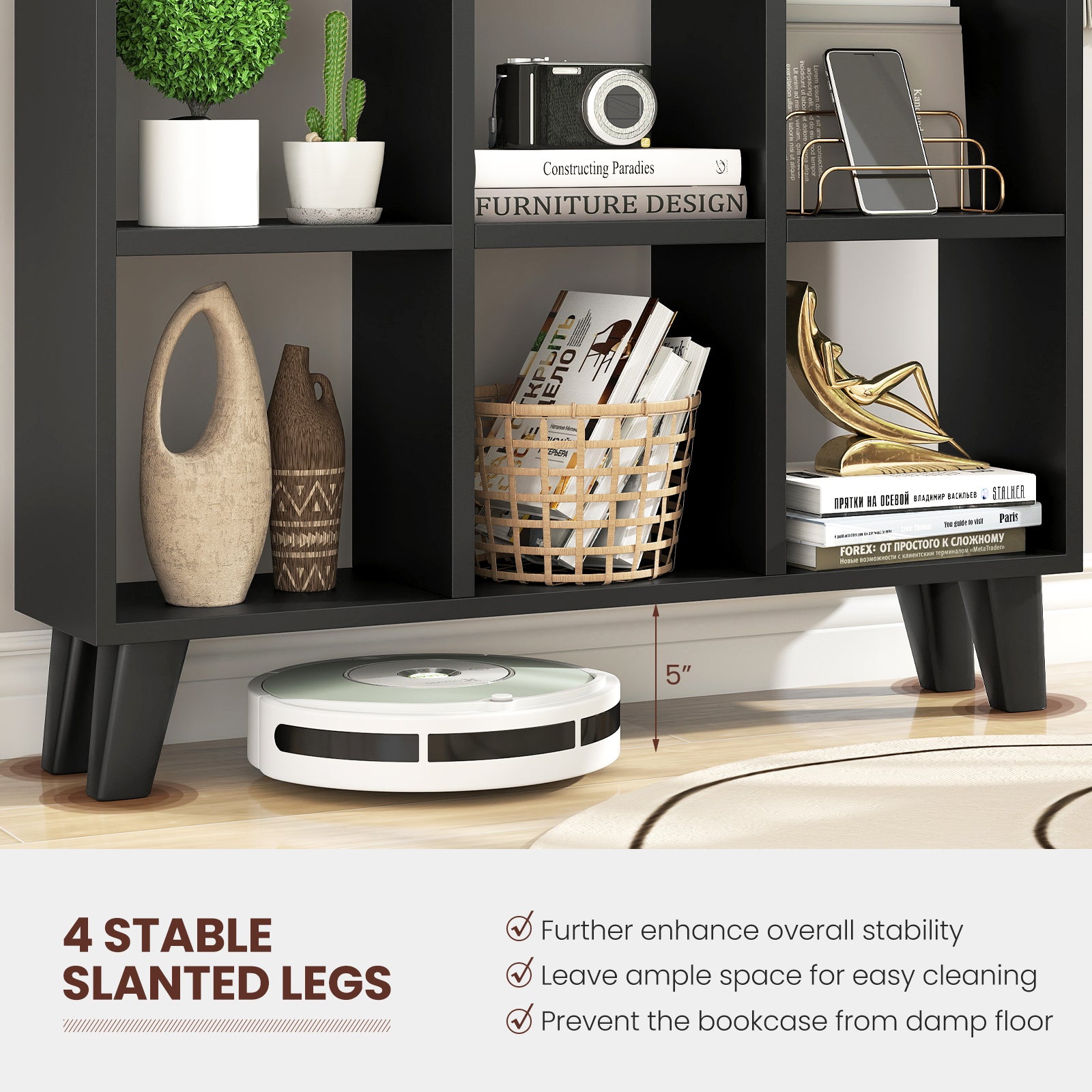 9-Cube Bookcase with 6 Removable Shelves and Raised Support Feet, Black Bookcases at Gallery Canada