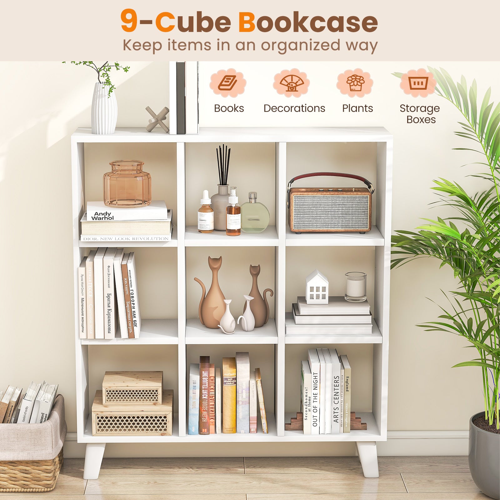 9-Cube Bookcase with 6 Removable Shelves and Raised Support Feet, White Bookcases at Gallery Canada