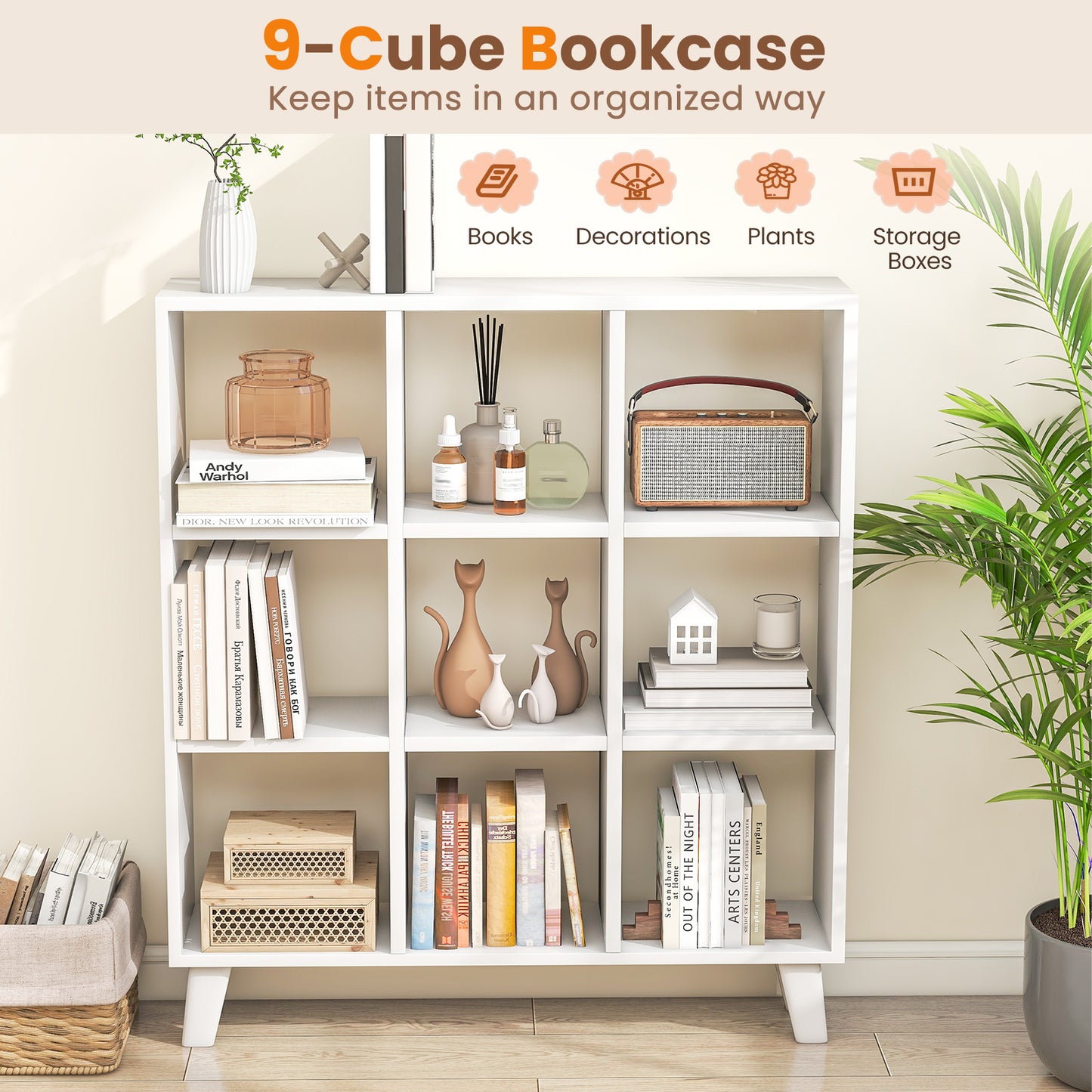 9-Cube Bookcase with 6 Removable Shelves and Raised Support Feet, White Bookcases at Gallery Canada