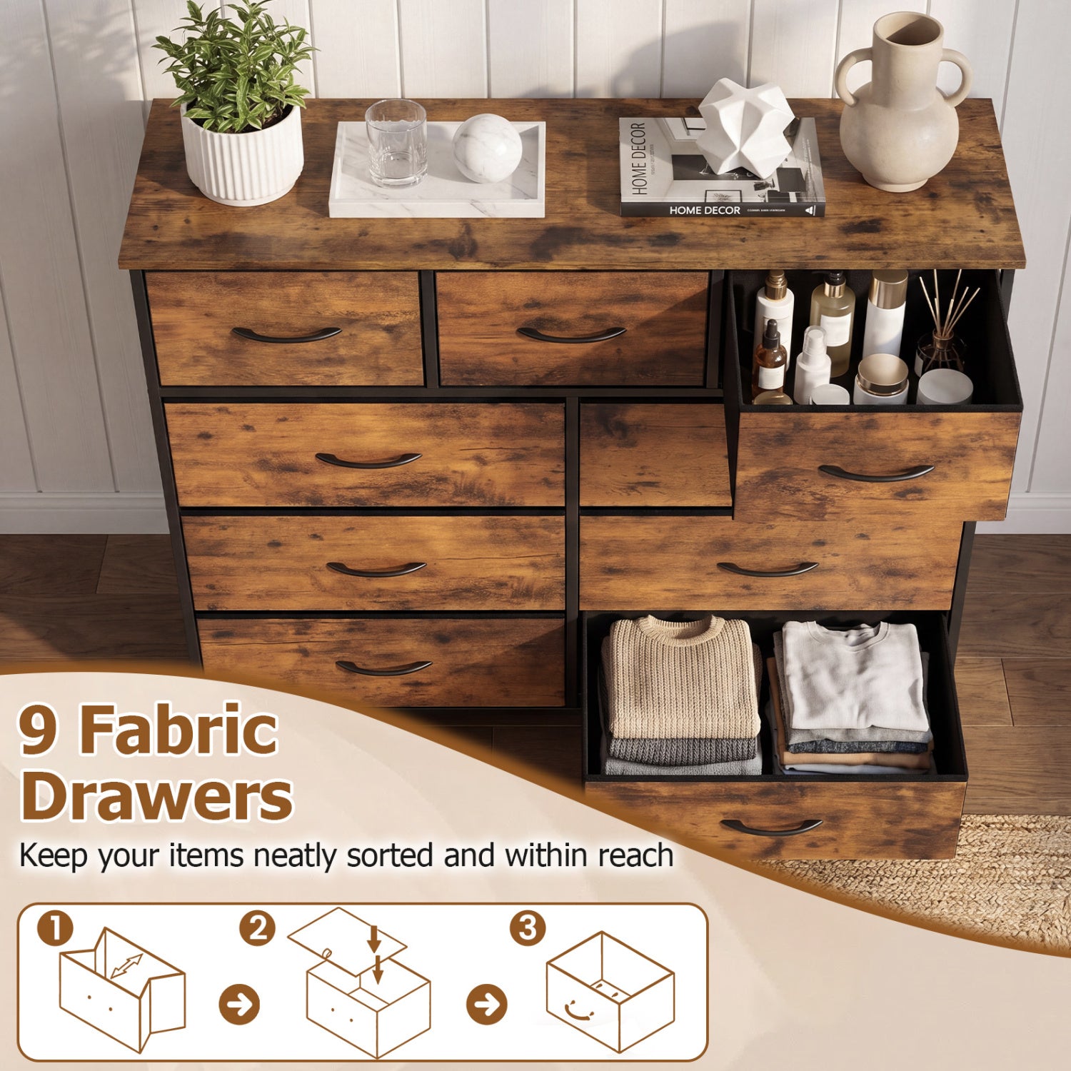 9-Drawer Fabric Dresser, Wooden Top, Rustic Brown Dressers & Chests at Gallery Canada