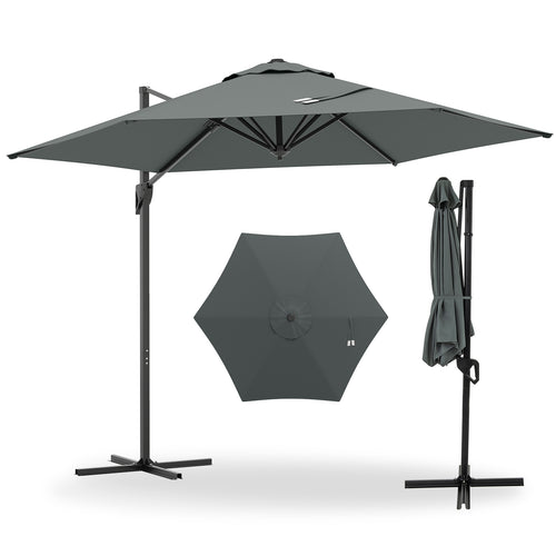 9 FT Cantilever Patio Umbrella, Vented Top, Sun-Protective Canopy, Gray