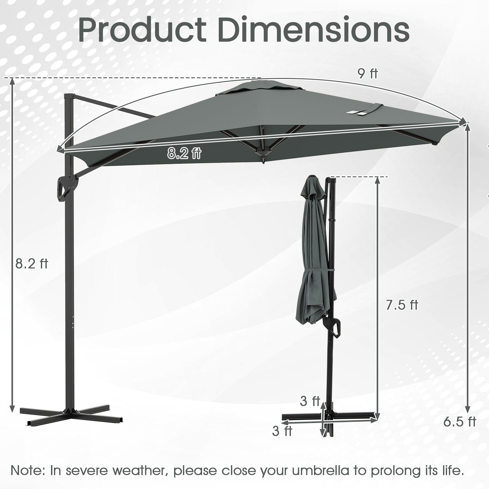 9 FT Cantilever Patio Umbrella with Vented Top and Sun-Protective Canopy, Gray Outdoor Umbrellas at Gallery Canada
