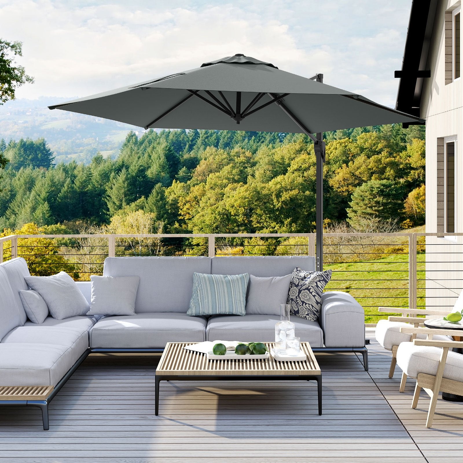 9 FT Cantilever Patio Umbrella with Vented Top and Sun-Protective Canopy, Gray Outdoor Umbrellas at Gallery Canada