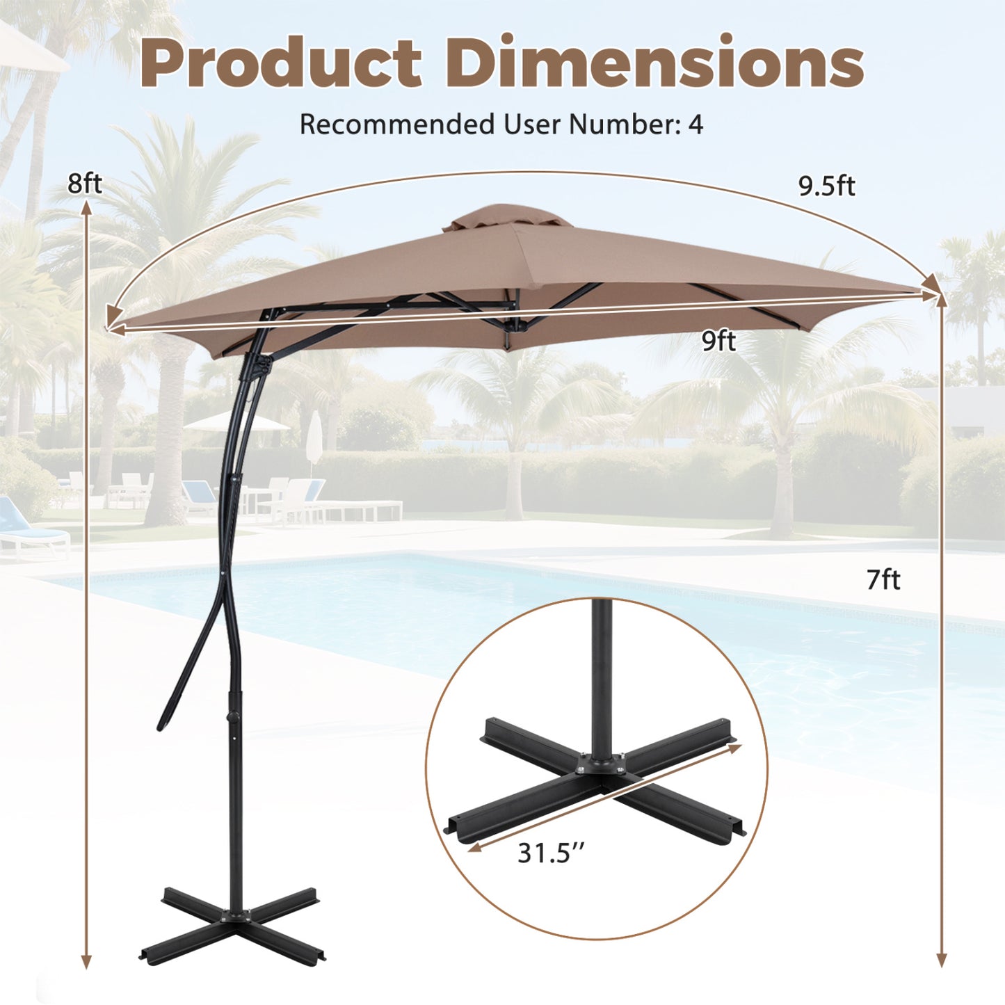 Parapluie en porte-à-faux de 9 pieds avec base croisée, marron