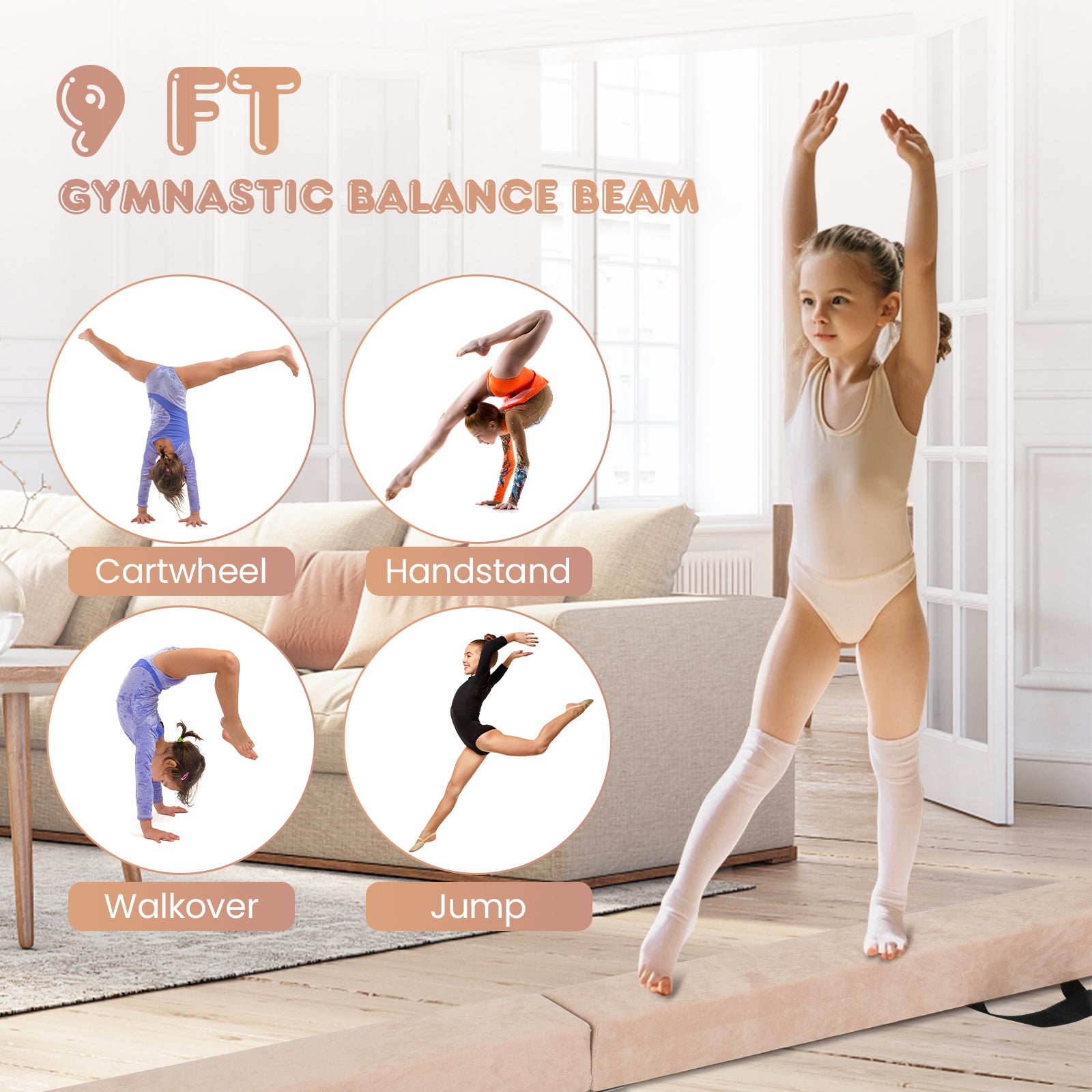 9 FT Folding Gymnastics Balance Beam with Anti-slip Base and Pine Wood Frame, Brown Sports at Gallery Canada