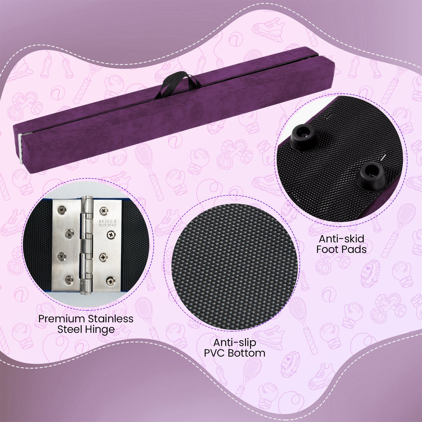 9 FT Folding Gymnastics Balance Beam with Anti-slip Base and Pine Wood Frame, Purple Sports at Gallery Canada