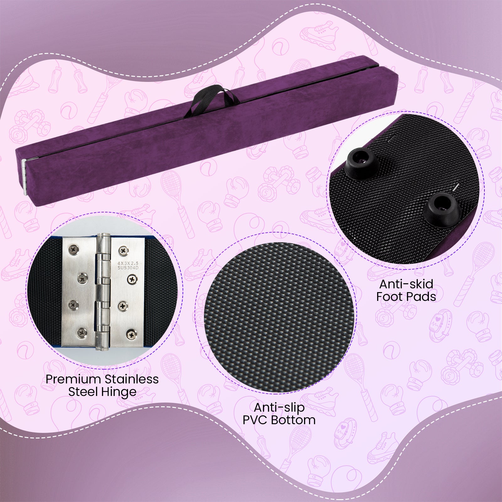 9 FT Folding Gymnastics Balance Beam with Anti-slip Base and Pine Wood Frame, Purple Sports at Gallery Canada