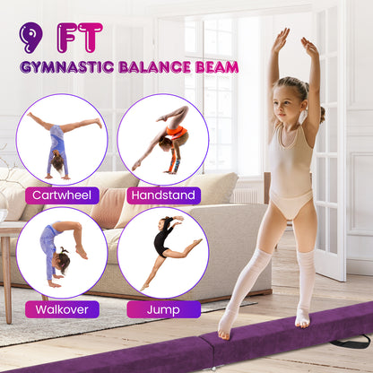 9 FT Folding Gymnastics Balance Beam with Anti-slip Base and Pine Wood Frame, Purple Sports at Gallery Canada