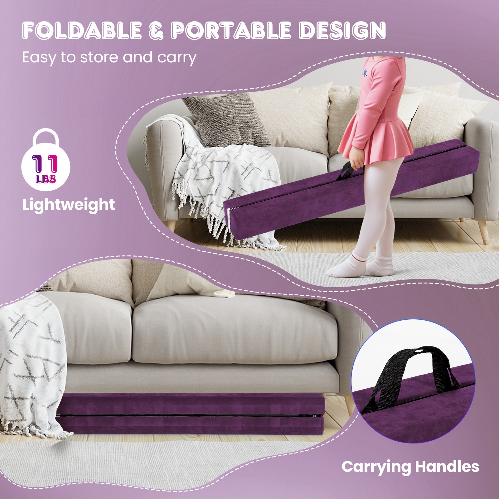 9 FT Folding Gymnastics Balance Beam with Anti-slip Base and Pine Wood Frame, Purple Sports at Gallery Canada