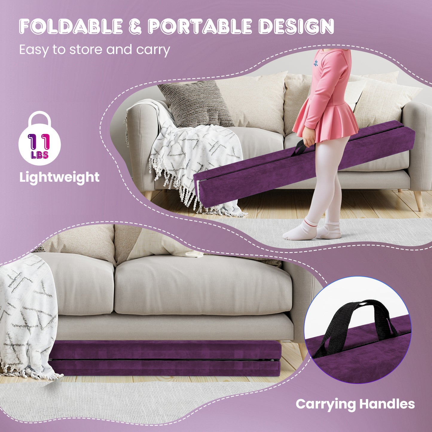 9 FT Folding Gymnastics Balance Beam with Anti-slip Base and Pine Wood Frame, Purple Sports at Gallery Canada