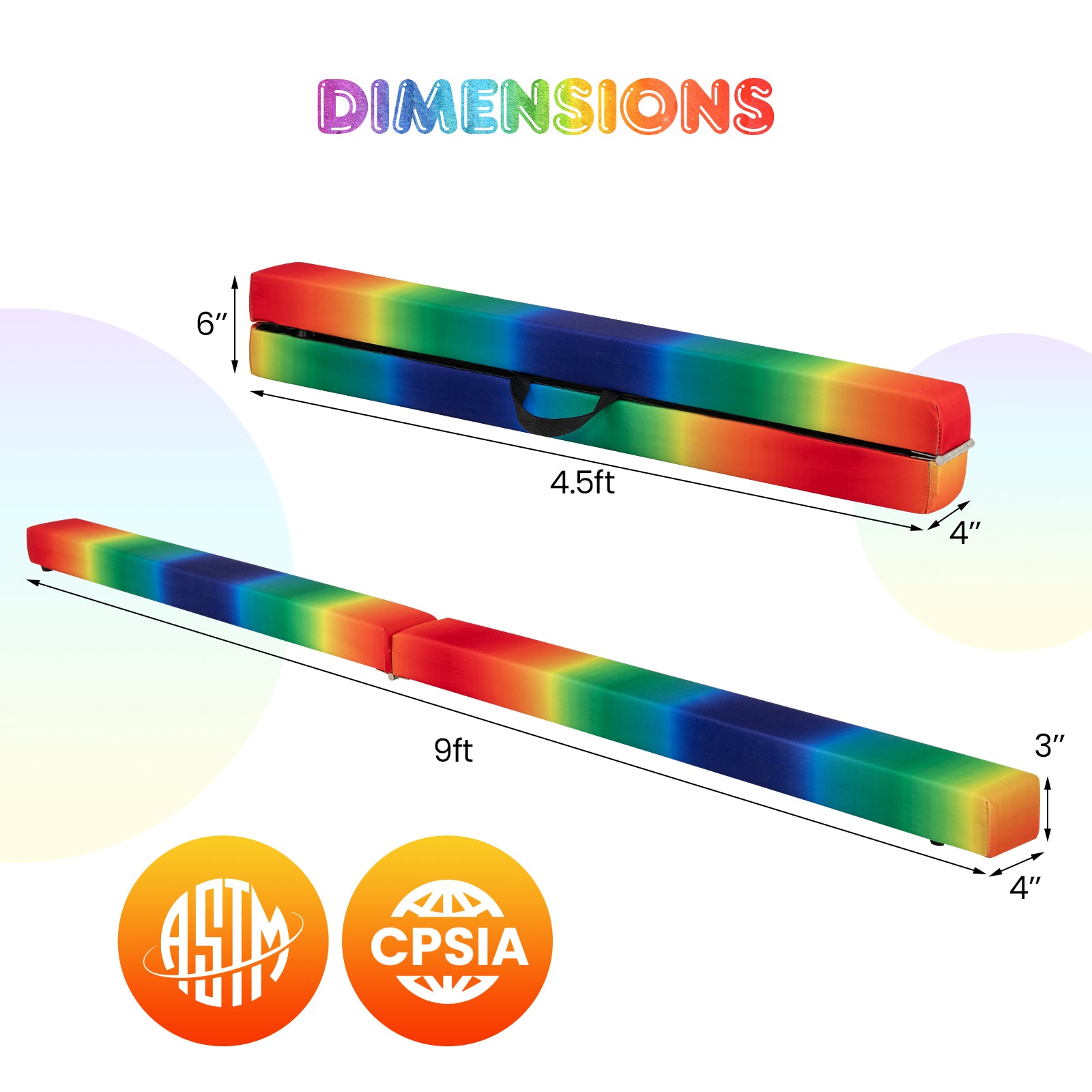 9 FT Folding Gymnastics Balance Beam with Anti-slip Base and Pine Wood Frame-Rainbow, Multicolor Sports at Gallery Canada