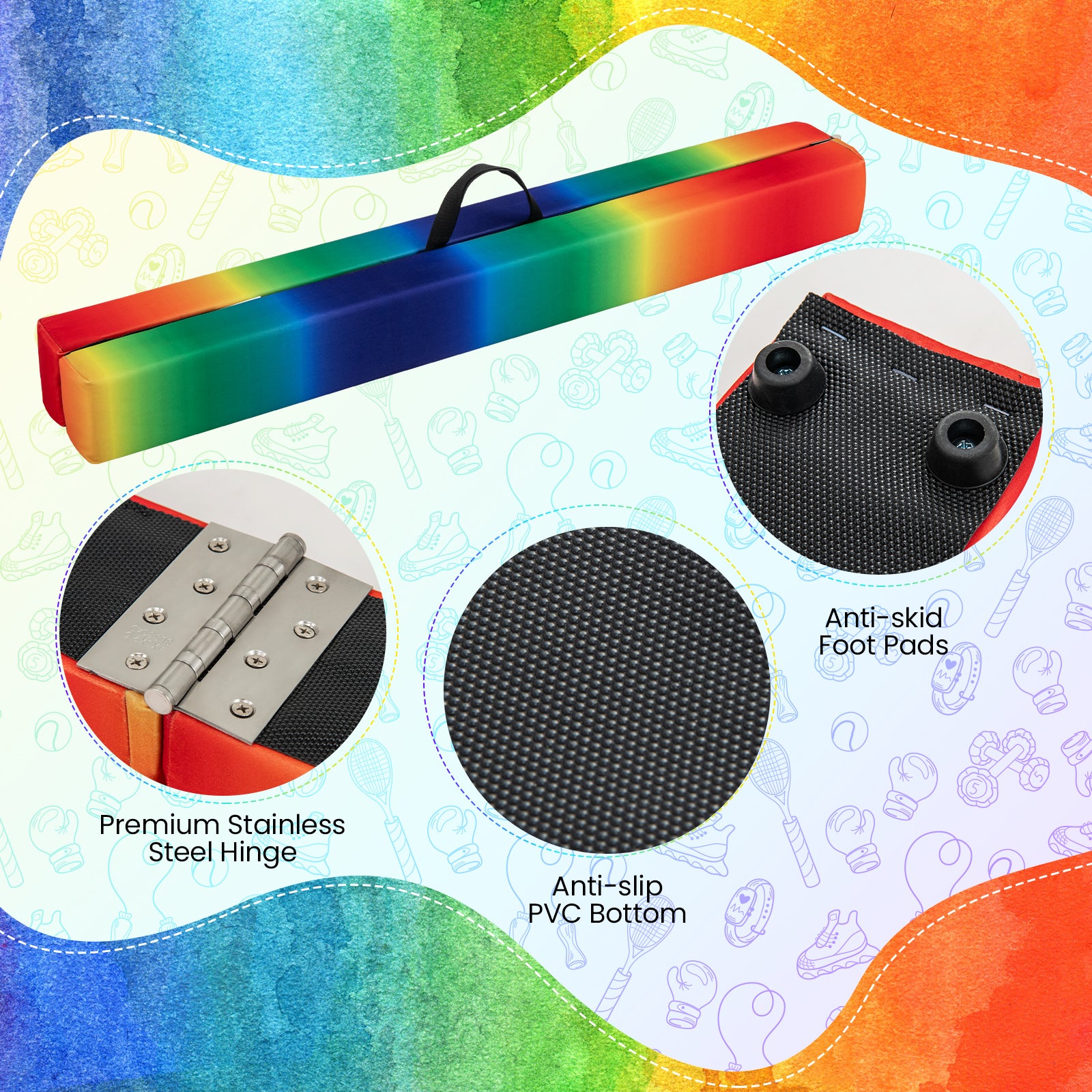 9 FT Folding Gymnastics Balance Beam with Anti-slip Base and Pine Wood Frame-Rainbow, Multicolor Sports at Gallery Canada