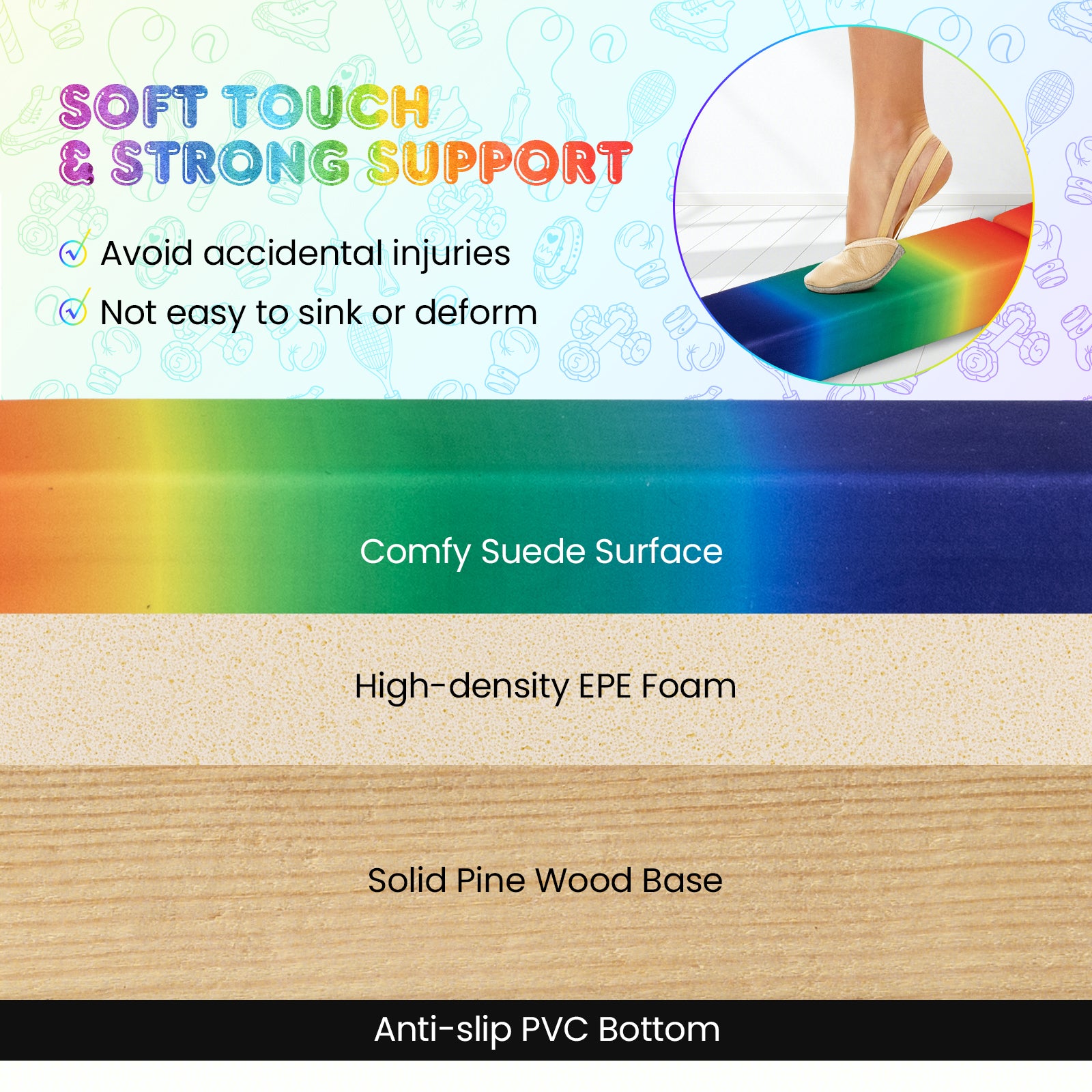 9 FT Folding Gymnastics Balance Beam with Anti-slip Base and Pine Wood Frame-Rainbow, Multicolor Sports at Gallery Canada