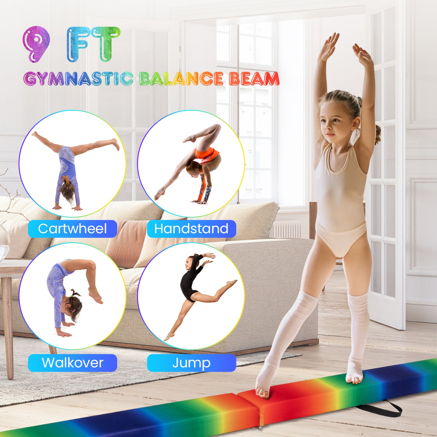 9 FT Folding Gymnastics Balance Beam with Anti-slip Base and Pine Wood Frame-Rainbow, Multicolor Sports at Gallery Canada