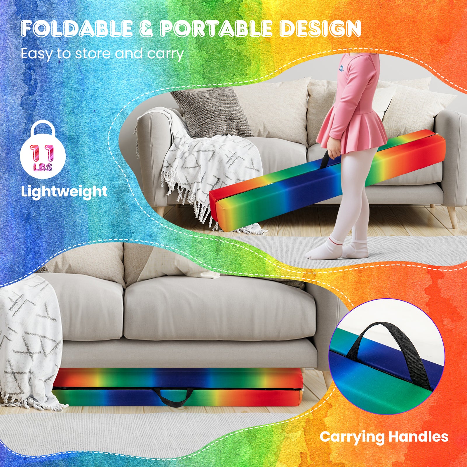 9 FT Folding Gymnastics Balance Beam with Anti-slip Base and Pine Wood Frame-Rainbow, Multicolor Sports at Gallery Canada