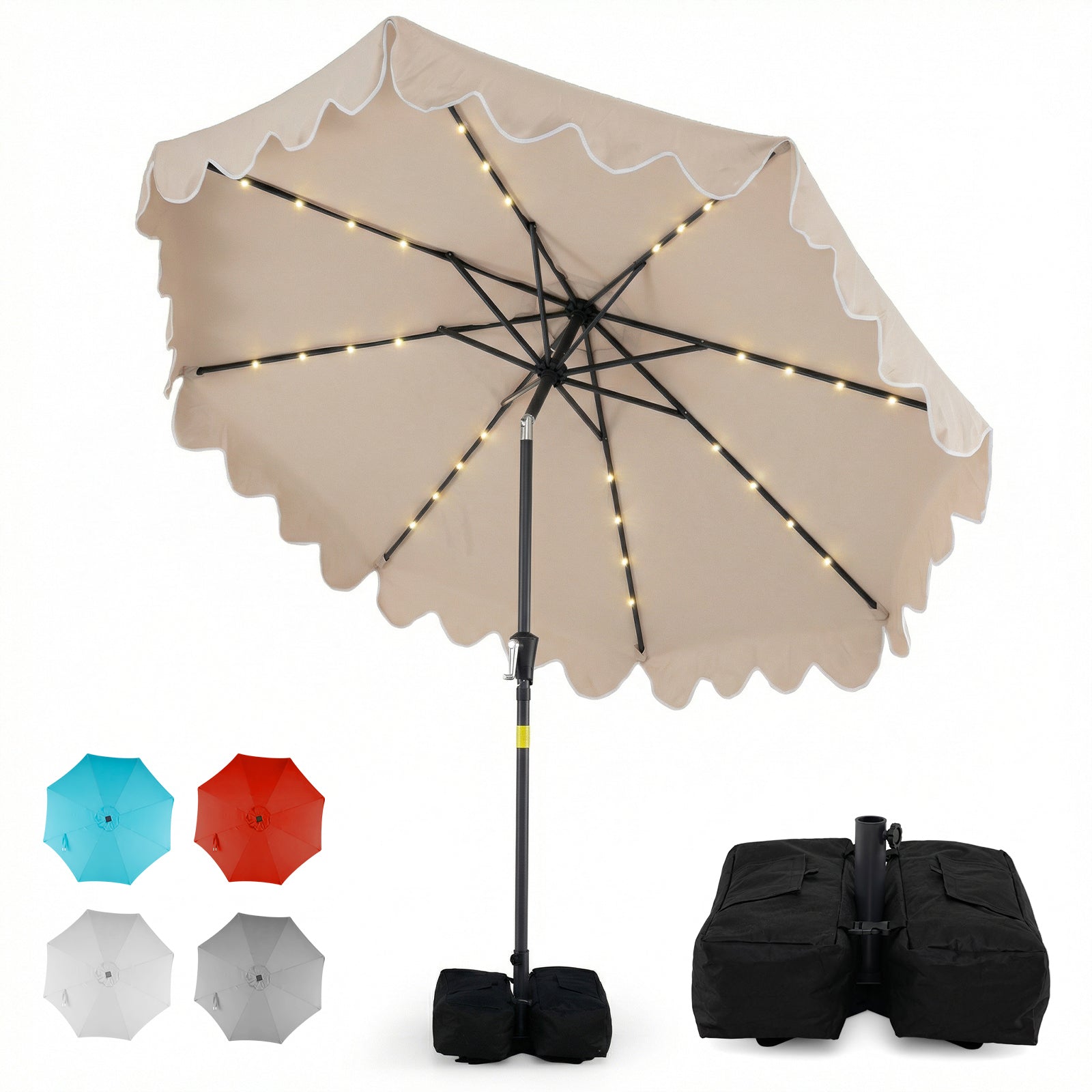 9 FT Outdoor Patio Umbrella, Solar LED Lights, Weighted Base, Brown Outdoor Umbrellas at Gallery Canada