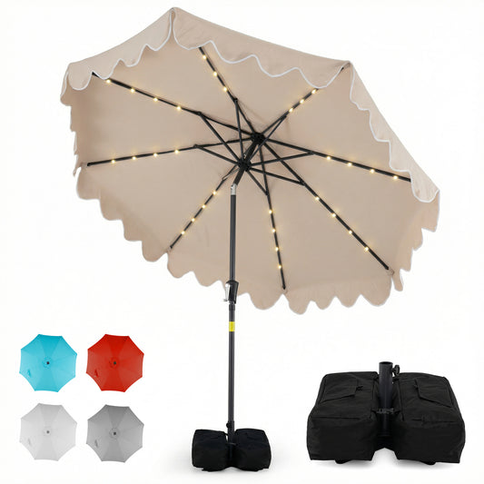 9 FT Outdoor Patio Umbrella, Solar LED Lights, Weighted Base, Brown Outdoor Umbrellas Brown at Gallery Canada
