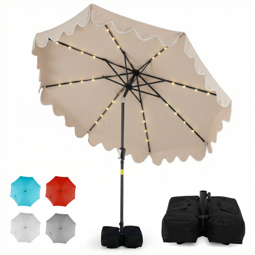 9 FT Outdoor Patio Umbrella, Solar LED Lights, Weighted Base, Brown