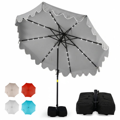 9 FT Outdoor Patio Umbrella, Solar LED Lights, Weighted Base, Gray