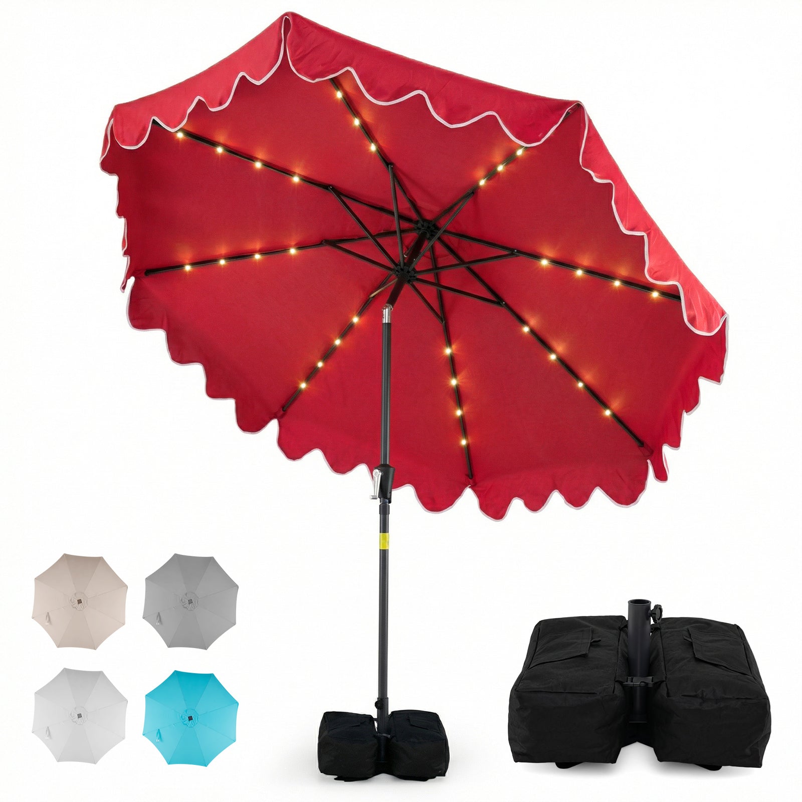 9 FT Outdoor Patio Umbrella, Solar LED Lights, Weighted Base, Red Outdoor Umbrellas Red at Gallery Canada