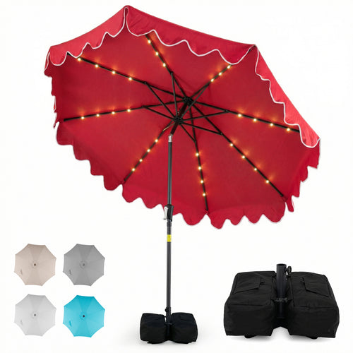 9 FT Outdoor Patio Umbrella, Solar LED Lights, Weighted Base, Red