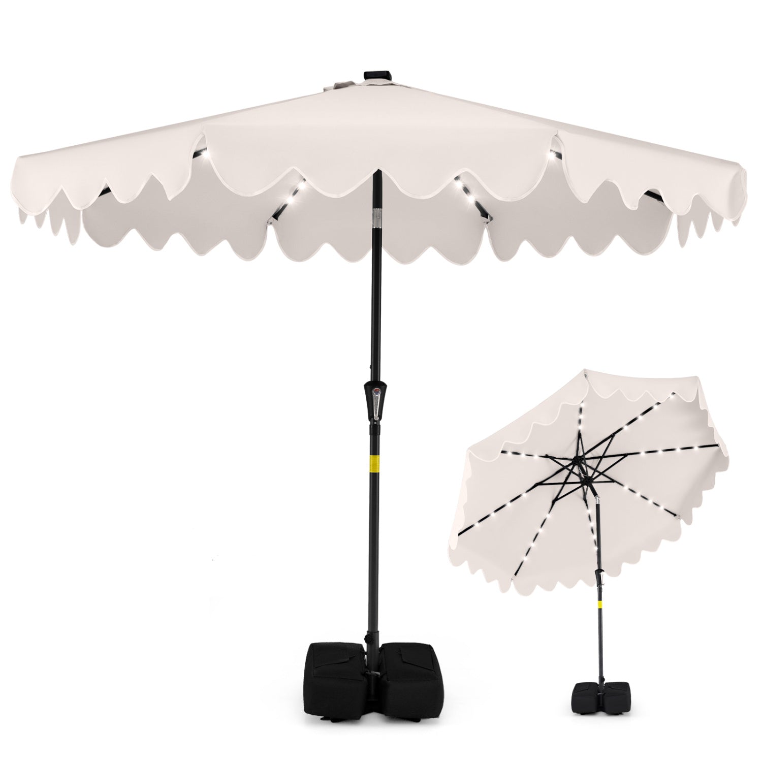9 FT Outdoor Patio Umbrella, Solar LED Lights, Weighted Base, Beige Outdoor Umbrellas at Gallery Canada